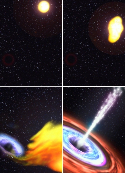 Ilustraes mostram buraco negro devorando estrela.