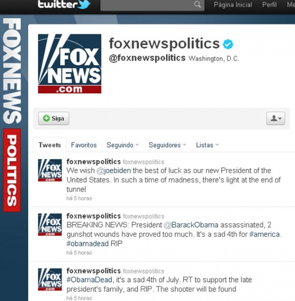 Conta no Twitter da Fox News foi hackeada e publicou falsa morte de Obama