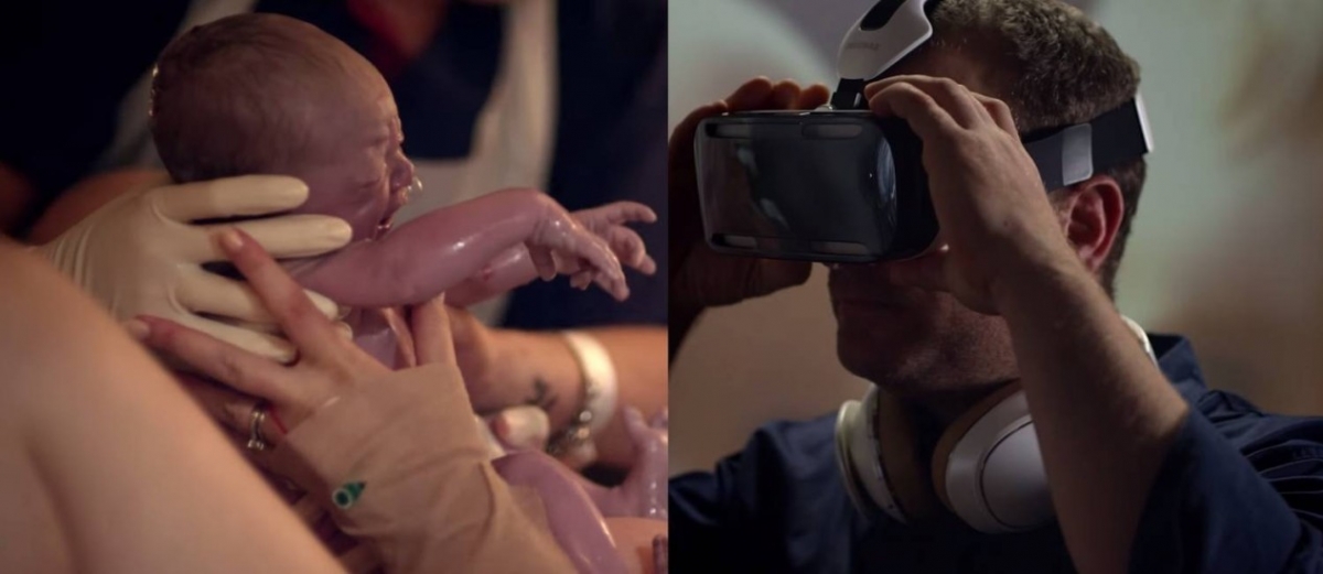 O beb Steele ao nascer e seu papai Jace, com o headset Samsung Gear VR na cabea acompanhando tudo