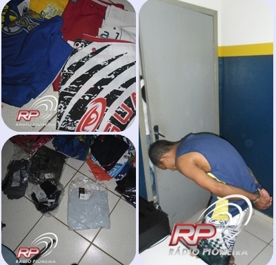 Suspeito foi preso com mercadorias furtadas em lojas de Tangar. (Fotos: Roberto Weber/Pioneira)