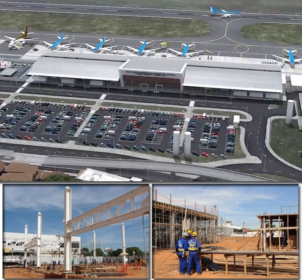 Acima reproduo de projeto do aeroporto de VG; Nas duas fotos, abaixo, imagens da obra em execuo