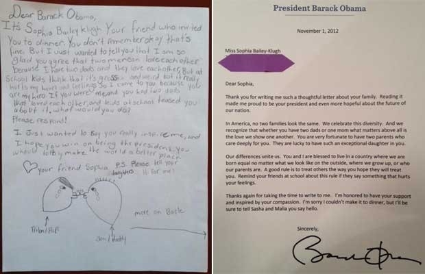 Carta enviada por garota americana com dois pais (esq.) e a resposta de Obama (Foto: Reproduo)