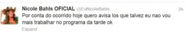 Nicole fez ameaa no Twitter, depois apagou (Reproduo)