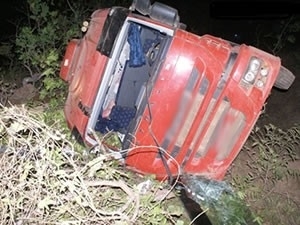 Veculo transportava soja e caiu na curva da rodovia