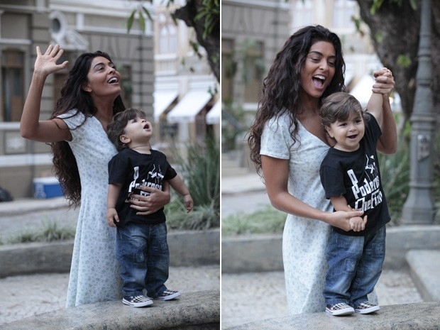 Juliana Paes brinca com Pedro na cidade cenogrfica