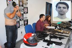 Bandido esconde rosto durante apresentao; foto de arquivo (dest.) revela o perigoso assaltante