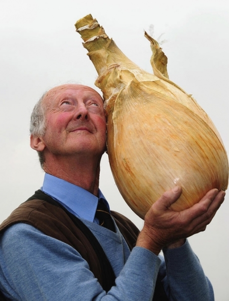 Peter Glazebrook segura a cebola de mais de 8 kg.