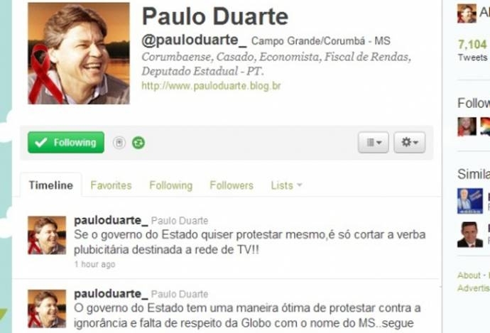 Em seu Twitter, o deputado Paulo Duarte (PT-MS) sugere corte de verbas publicitrias da Globo