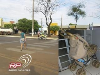 Carrinho com beb foi atingido por motocicleta na faixa de pedestres. (Fotos: Roberto Weber/Rdio Pioneira)