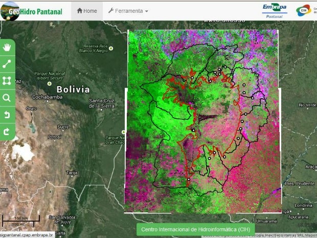 WebGIS GeoHidro Pantanal, desenvolvido pela Embrapa e CIH tem modelo semelhante ao Google Earth.